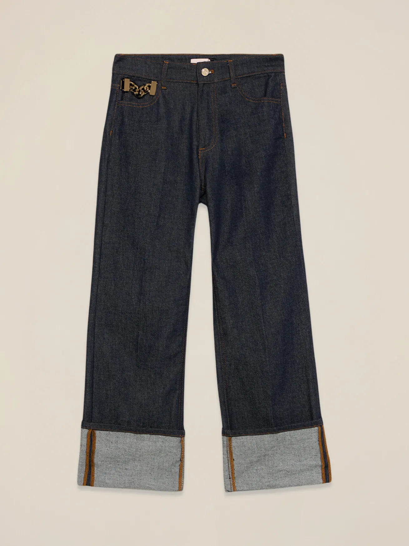 Jeans palazzo in denim con fibbia gioiello
