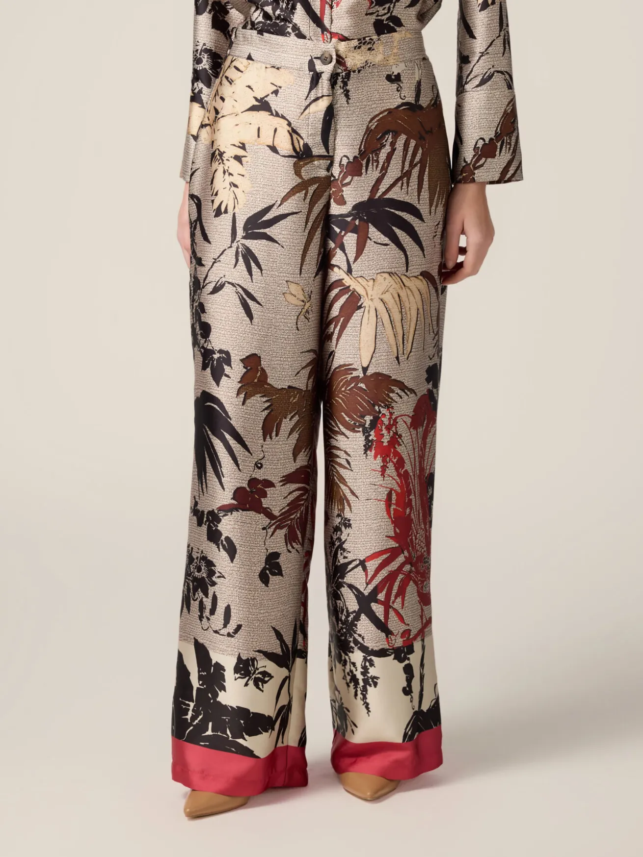 Pantaloni palazzo in raso fantasia