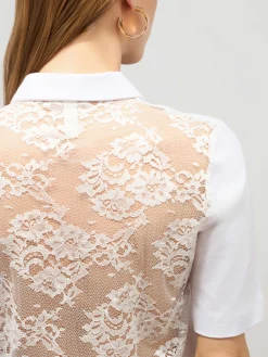 T-shirt bimaterica con inserto in pizzo
