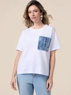 T-shirt con tasca in denim e paillettes