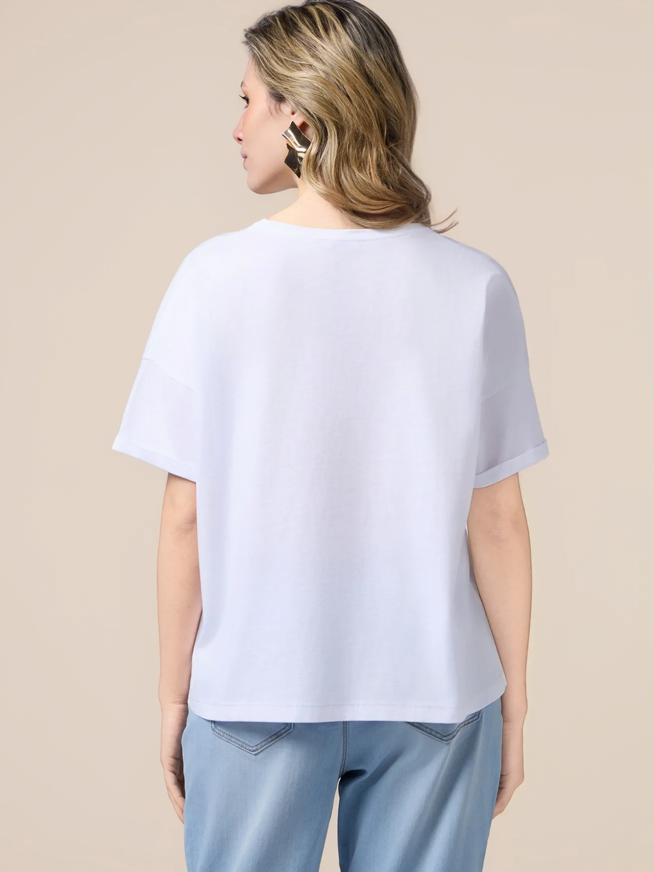 T-shirt con tasca in denim e paillettes