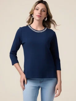 T-shirt maniche a tre quarti con ricamo gioiello