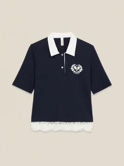 T-shirt polo con ricamo e pizzo