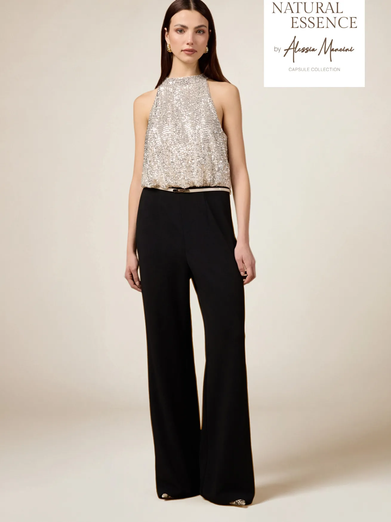 Tuta bimaterica con top in paillettes
