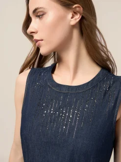 Vestito lungo in denim con micro cristalli