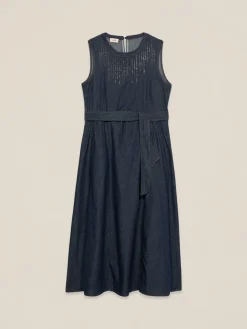 Vestito lungo in denim con micro cristalli